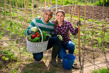 Positive family couple with harvest of vegetables in garden outdoor