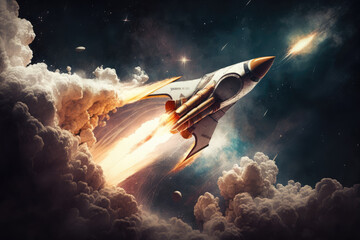 Naklejka premium Soaring rocket in the vastness of space symbolizing the uncharted territories, generative ai