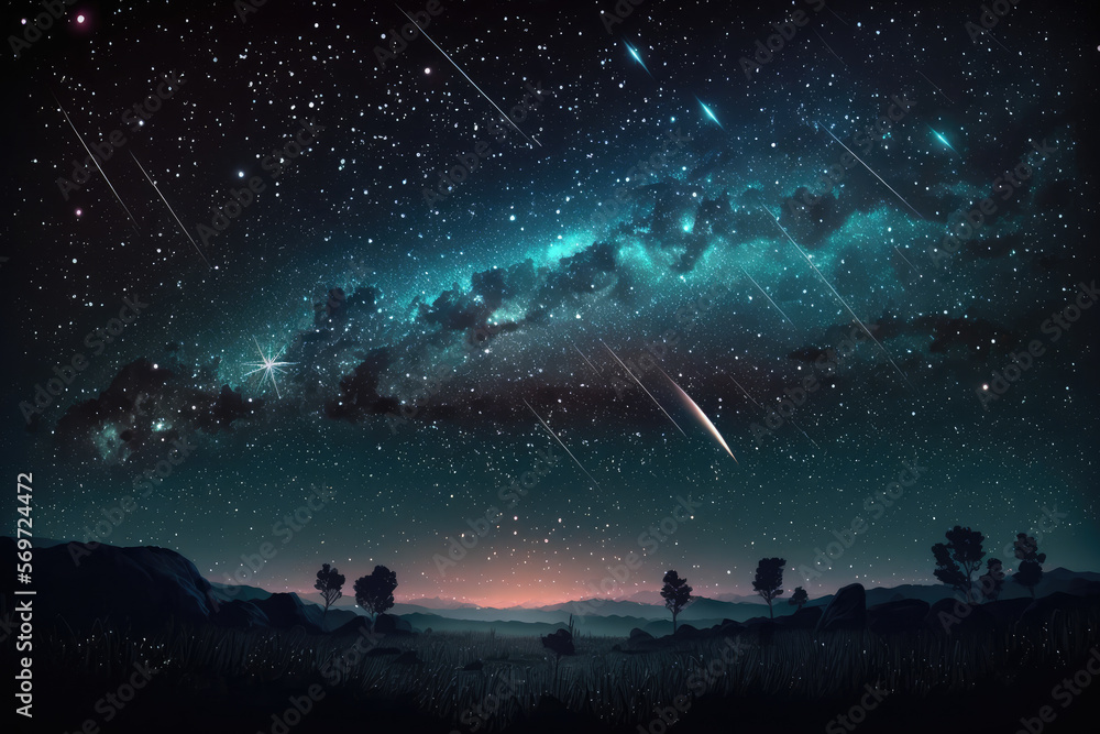 Wall mural starry sky with shooting stars and celestial objects, generative ai