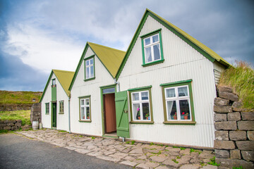 Green houses of Iceland in summer season, surrounded by vegetation