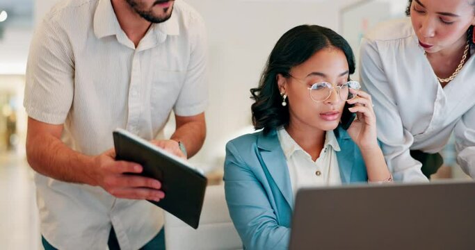 Stress, multitasking and business woman with hands of team, overwhelmed and deadline in office. Anxiety, pressure and young female worker in chaos, compliance and review task with frustrated group