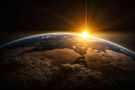 The sun rises behind planet earth, casting a golden light, generative ai