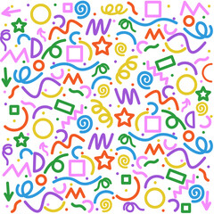 Fun colorful abstract line doodle shape set. Creative minimalist style art symbol collection for children or party celebration with modern shapes. Simple upbeat childish drawing scribble decoration.
