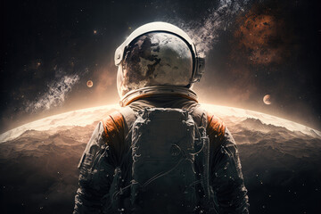 Young astronaut standing proud in space suit, gazing at the vast universe, generative ai