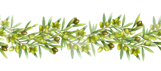 Border, frame, banner olive branch with fruits, watercolor illustration. The drawing is isolated. Design for postcards, packaging and fabrics.