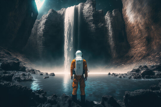 Astonished astronaut discovering waterfalls on barren planet, generative ai
