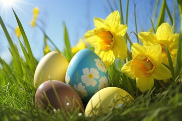 Fototapeta na wymiar Easter eggs and daffodils blue sky generative AI