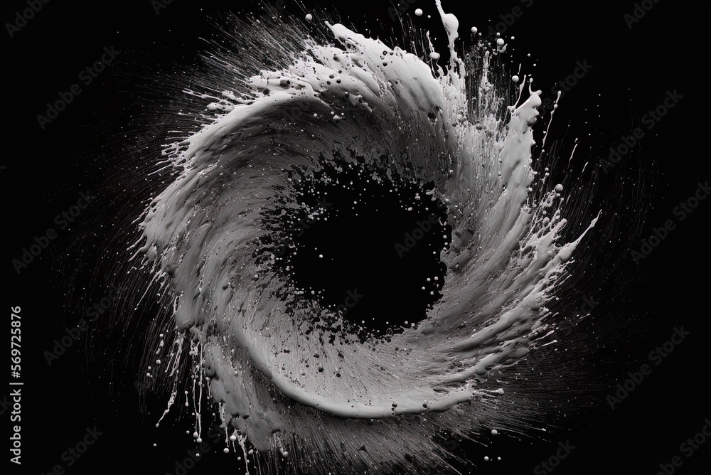 Poster image of a grey paint splatter in the shape of a circle, with the splash occurring on a black backdr