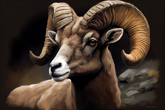 Painting of a big horn ram. Generative AI