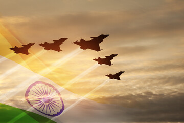 Indian Air Force Day. Indian jet air shows on background of sunset with transparent Indian flag....