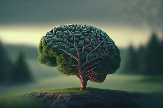 A tree with green leaves in the shape of a human brain, concept of Brain Symbolism and Nature Symbolism, created with Generative AI technology