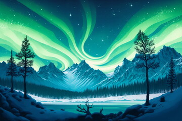 Northern Lights over lake. Aurora borealis with starry in the night sky. Fantastic Winter Epic Magical Landscape of snowy Mountains.  Gaming RPG background. Game asset.. Generative AI