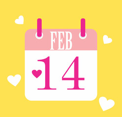 Flat icon calendar isolated on yellow background. Feb 14 Vector illustration. Valentine's day calendar