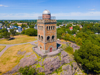High Rock Tower aerial view in downtown Lynn, Massachusetts MA, USA. The tower was built in 1847 and now is a observatory with a telescope on top of it.  - obrazy, fototapety, plakaty