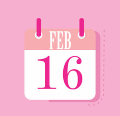 Flat icon calendar isolated on pink background. Feb 16 Vector illustration.