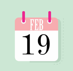 Flat icon calendar isolated on green background. Feb 19 Vector illustration.