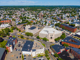 Lynn City Hall aerial view at 3 City Hall Square in historic downtown Lynn, Massachusetts MA, USA.