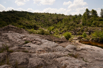 Fototapeta na wymiar Panorama view of the river flowing along the rocky hills and forest in a summer sunny day.