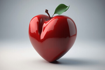 Obraz premium Mela rossa in stile render 3D a forma di cuore su sfondo bianco con foglia verde generata dall'AI