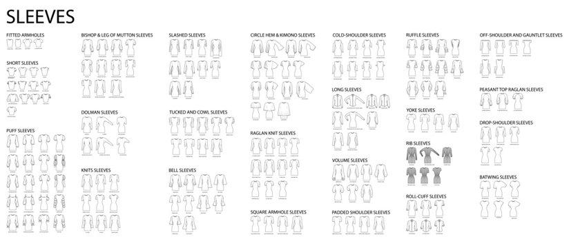 Set of sleeves - long, short, puff, knit, circle, kimono, rib, off-shoulder, cowl bell, slashed clothes technical fashion illustration. Flat apparel template front side. Women, men unisex CAD mockup