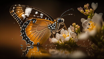 illustration of a butterfly drinking nectar from a flower.