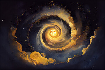 Stunning Digital Watercolor Painting of Swirling Night Sky with Stars and golden Hues. generative ai art