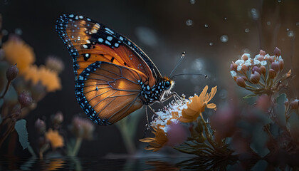 Fototapeta na wymiar illustration of a butterfly drinking nectar from a flower.