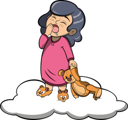 Dibujo de una niña pequeña apunto de dormirse sobre una nube blanca.