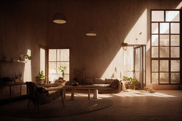 Sustainable White Mid Century Modern Living Room Interior with Organic Materials and Earth Tones at Golden Hour Made with Generative AI