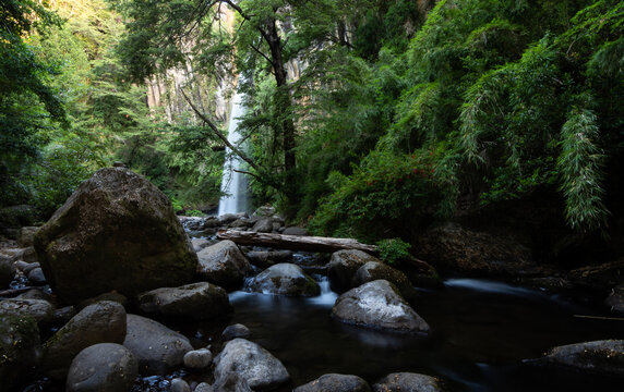Fotografia de larga exposici&oacute;n del Rio cautin y salto de la Princesa, inmersa en bosque nativo de la region de la Araucania, Chile.