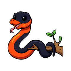 Fototapeta premium Cute ring necked snake cartoon on tree branch