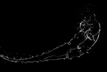 Obraz premium Shape form throw of Water splashes into drop water attack fluttering in air and stop motion freeze shot. Splash Water for explosion texture graphic resource elements, black background isolated