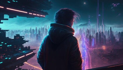 Fototapeta premium A person standing on a rooftop, looking at a foggy and futuristic cityscape with neon lights at night, AI Generative
