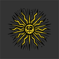 Illustration sad sun face with line black  isolated on grey color