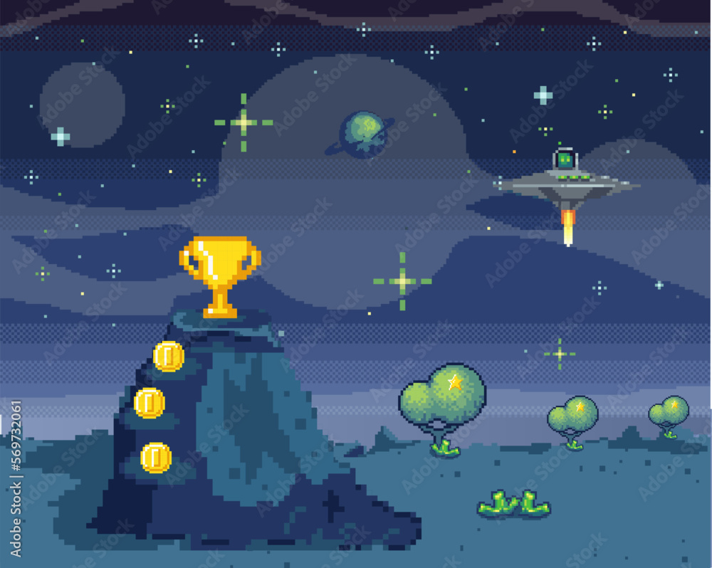 Poster pixel art with fantastic space landscape background. colorful pixel arcade scene for game design. co