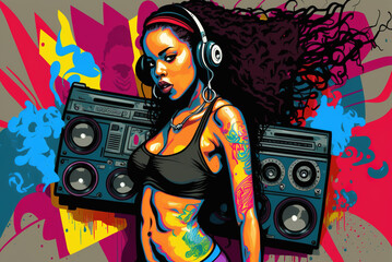 Hip hop and cool black girl concept, young woman listen music on street, illustration - obrazy, fototapety, plakaty