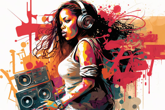 Hip Hop And Young Woman Concept, Black Girl Listen Music On Street, Illustration