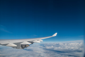 flying and traveling. Airplane interior or jet window with clouds and sky. Sky view from a high angle on the plane. 
