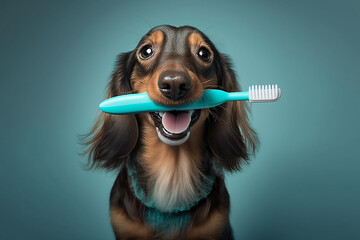 cachorro adoravel com escova de dente  - obrazy, fototapety, plakaty
