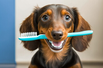 cachorro adoravel com escova de dente  - obrazy, fototapety, plakaty