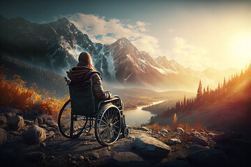 pessoa com deficiência cadeira de rodas no alto de uma montanha vendo linda paisagem 