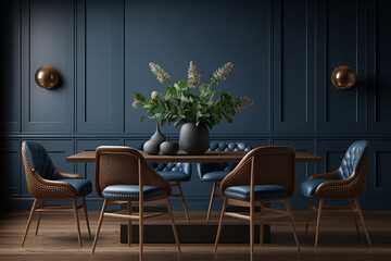 designer interior de sala azul minimalista com mesa e cadeiras marrons  - obrazy, fototapety, plakaty