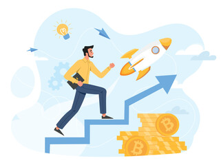 Business rocket concept. Man goes up arrow on background of gold coins. Financial literacy and passive dood, self development. Successful businessman or worker. Cartoon flat vector illustration