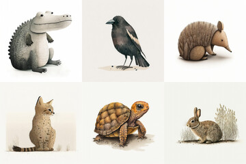 A set of six cute animals, mammals, birds, reptiles, from the area of Alabama, USA in watercolor, illustration made with Generative AI