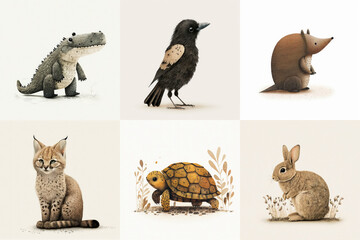 Naklejka premium A set of six cute animals, mammals, birds, reptiles, from the area of Alabama, USA in watercolor, illustration made with Generative AI