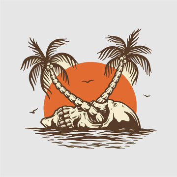 Illustrator skull island with palm tree on sunset time free vector
