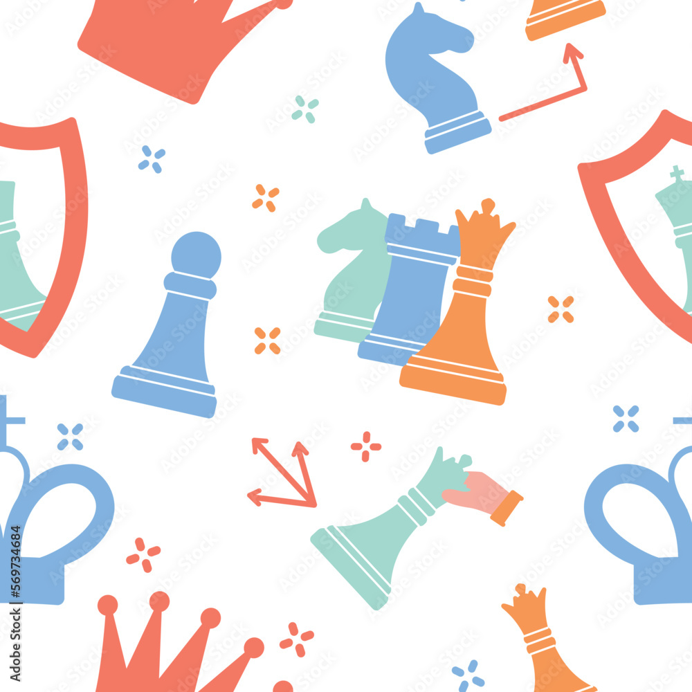 Poster chess color seamless pattern. repeating design element for printing on fabric. knight, pawn and rook
