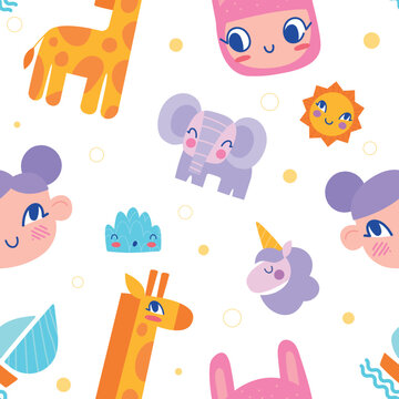 Color animals seamless pattern. Repeating design element for printing on fabric. Elephant, giraffe and unicorn. Imagination and fantasy, childrens fun and drawings. Cartoon flat vector illustration