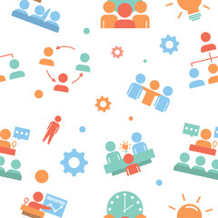Conference seamless pattern. Repeating design element for printing on fabric. Business meeting, communication and interaction, collaboration and cooperation, teamwork. Cartoon flat vector illustration