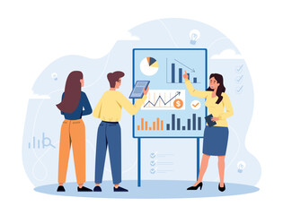 Graphs and reports. Mann and women work with statistics. Infographics and presentation, marketing research. Evaluation and assessment of company expenses and income. Cartoon flat vector illustration